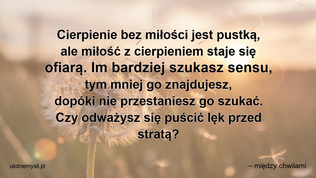 Cierpienie bez miłości jest pustką,  ale miłość z cierpieniem staje się ofiarą. Im bardziej szukasz sensu,  tym mniej go znajdujesz,  dopóki nie przestaniesz go szukać. Czy odważysz się puścić lęk przed stratą? - – między chwilami