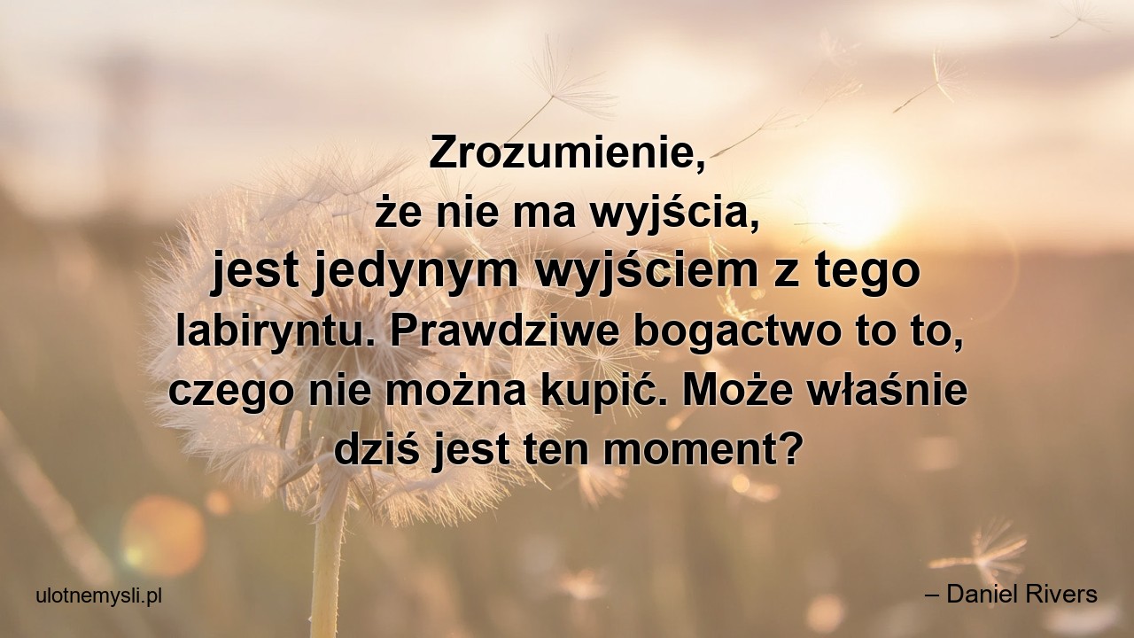 Zrozumienie,  że nie ma wyjścia,  jest jedynym wyjściem z tego labiryntu. Prawdziwe bogactwo to to,  czego nie można kupić. Może właśnie dziś jest ten moment? - – Daniel Rivers