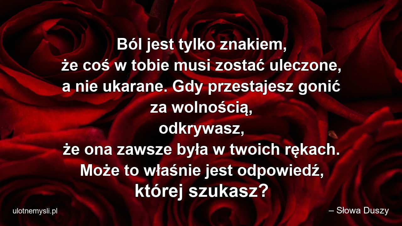 Ból jest tylko znakiem,  że coś w tobie musi zostać uleczone,  a nie ukarane. Gdy przestajesz gonić za wolnością,  odkrywasz,  że ona zawsze była w twoich rękach. Może to właśnie jest odpowiedź,  której szukasz?