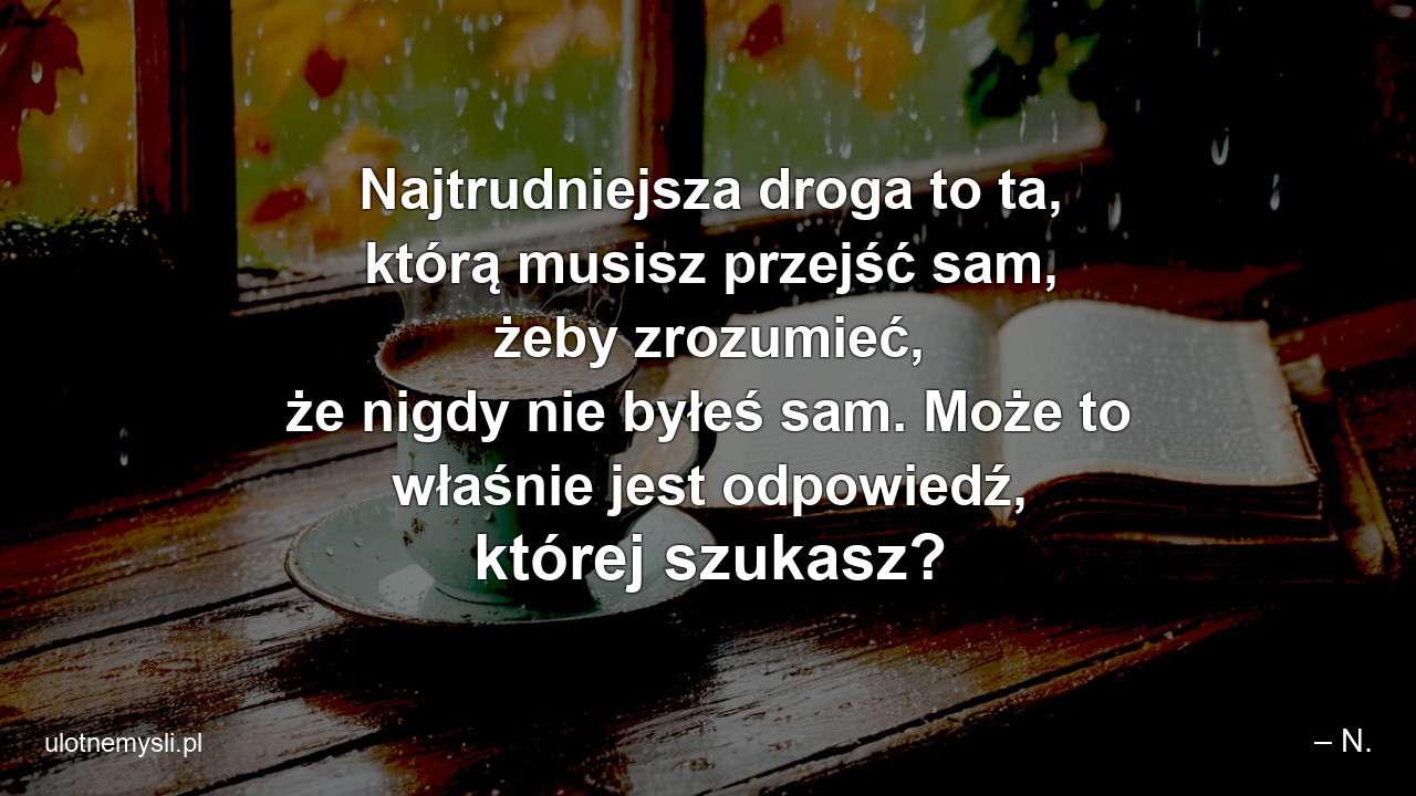 Najtrudniejsza droga to ta,  którą musisz przejść sam,  żeby zrozumieć,  że nigdy nie byłeś sam. Może to właśnie jest odpowiedź,  której szukasz? - – N.