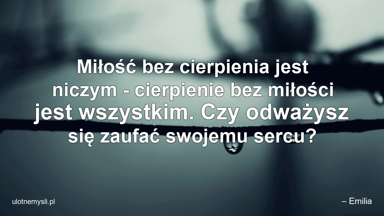 Miłość bez cierpienia jest niczym - cierpienie bez miłości jest wszystkim. Czy odważysz się zaufać swojemu sercu? - – Emilia