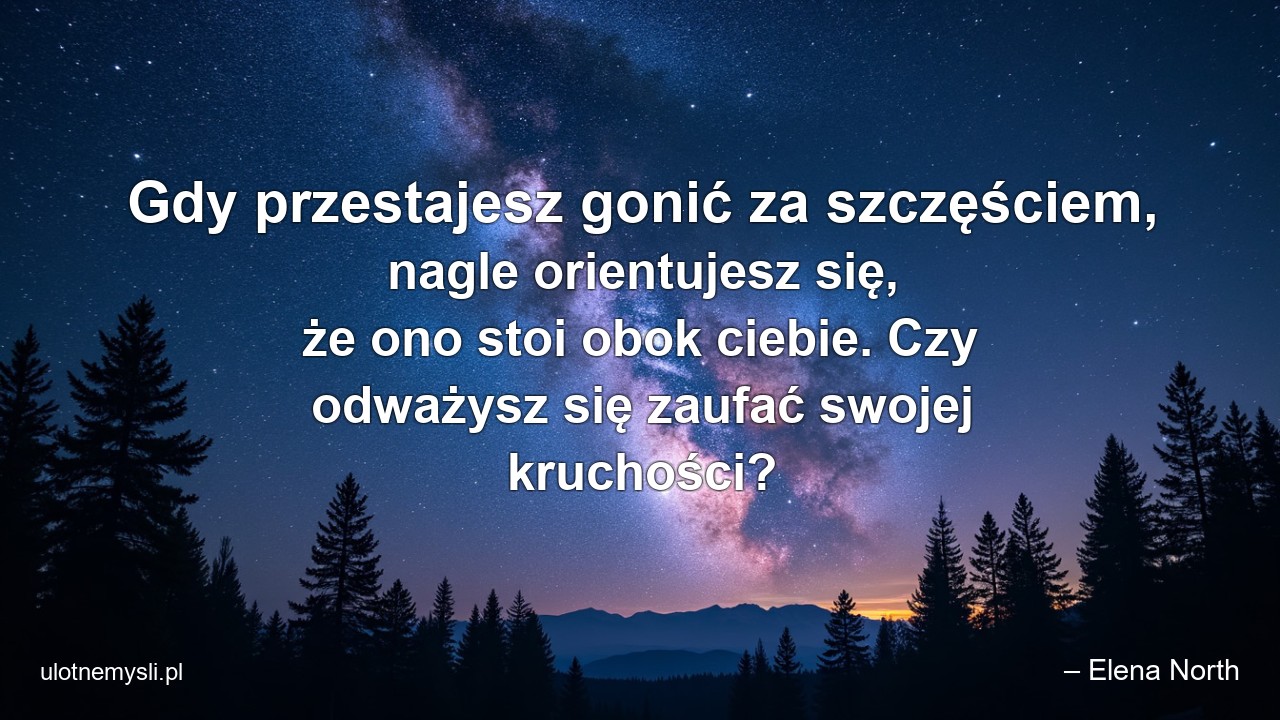 Gdy przestajesz gonić za szczęściem,  nagle orientujesz się,  że ono stoi obok ciebie. Czy odważysz się zaufać swojej kruchości? - – Elena North