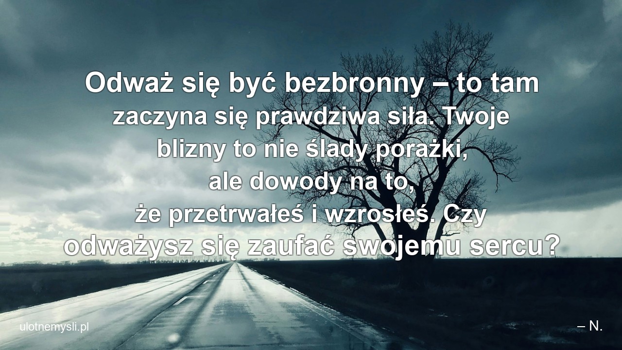 Odważ się być bezbronny – to tam zaczyna się prawdziwa siła. Twoje blizny to nie ślady porażki,  ale dowody na to,  że przetrwałeś i wzrosłeś. Czy odważysz się zaufać swojemu sercu?