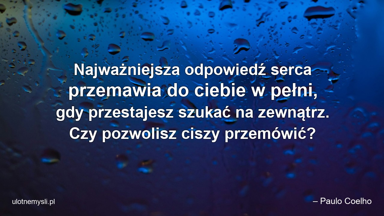 Najważniejsza odpowiedź serca przemawia do ciebie w pełni,  gdy przestajesz szukać na zewnątrz. Czy pozwolisz ciszy przemówić? - – Paulo Coelho