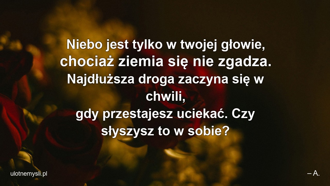 Niebo jest tylko w twojej głowie,  chociaż ziemia się nie zgadza. Najdłuższa droga zaczyna się w chwili,  gdy przestajesz uciekać. Czy słyszysz to w sobie? - – A.