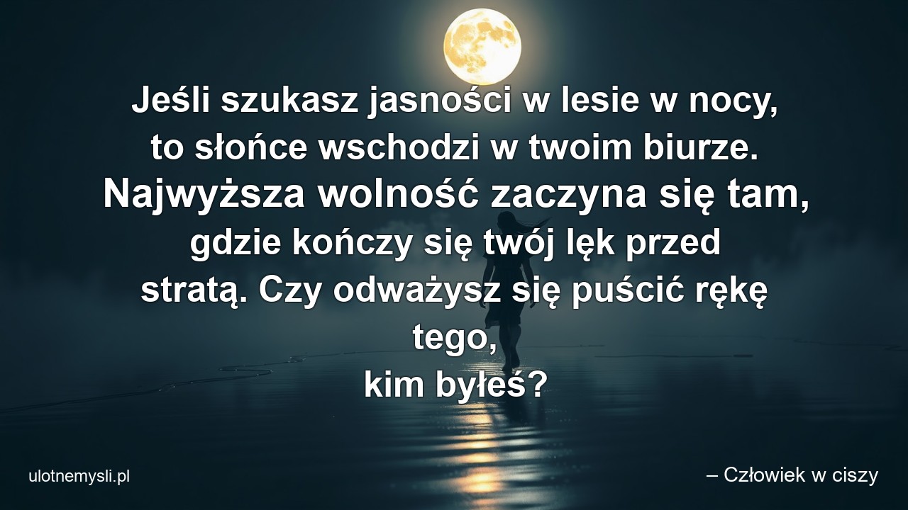 Jeśli szukasz jasności w lesie w nocy,  to słońce wschodzi w twoim biurze. Najwyższa wolność zaczyna się tam,  gdzie kończy się twój lęk przed stratą. Czy odważysz się puścić rękę tego,  kim byłeś?