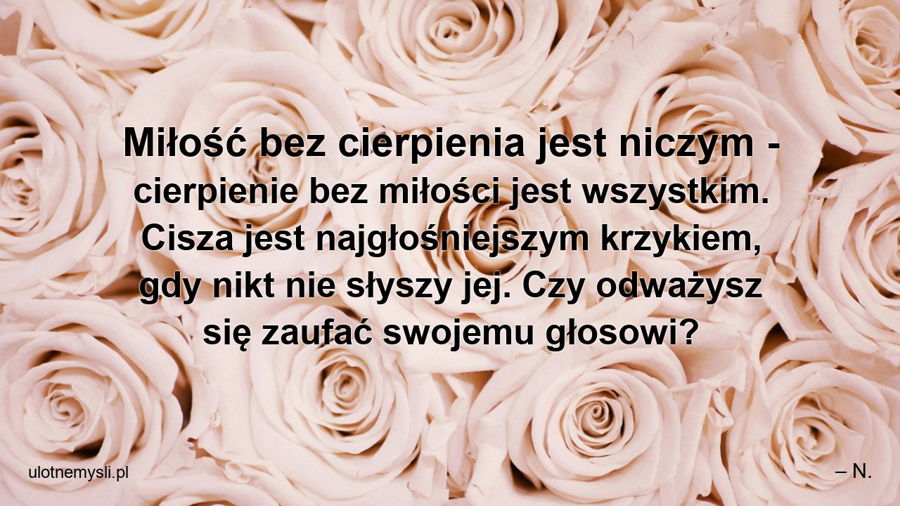 Miłość bez cierpienia jest niczym - cierpienie bez miłości jest wszystkim. Cisza jest najgłośniejszym krzykiem,  gdy nikt nie słyszy jej. Czy odważysz się zaufać swojemu głosowi? - – N.