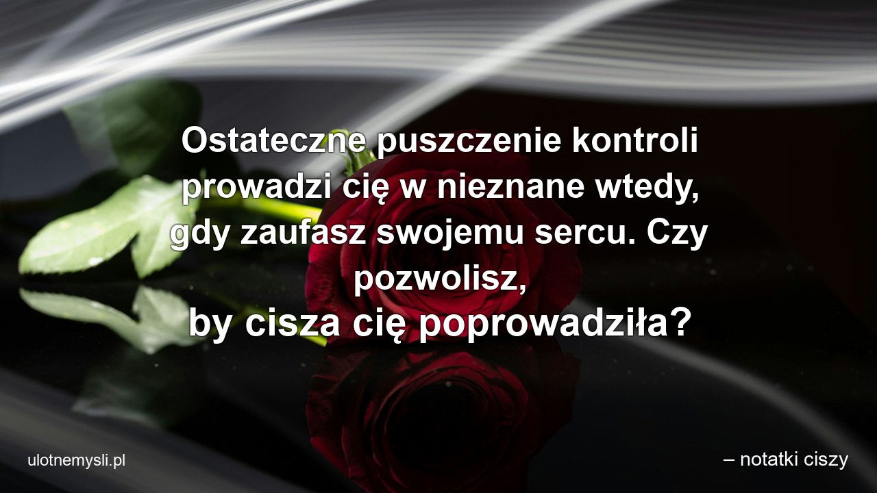 Ostateczne puszczenie kontroli prowadzi cię w nieznane wtedy,  gdy zaufasz swojemu sercu. Czy pozwolisz,  by cisza cię poprowadziła?