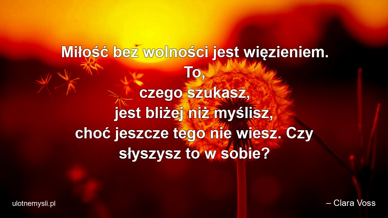 Miłość bez wolności jest więzieniem. To,  czego szukasz,  jest bliżej niż myślisz,  choć jeszcze tego nie wiesz. Czy słyszysz to w sobie? - – Clara Voss
