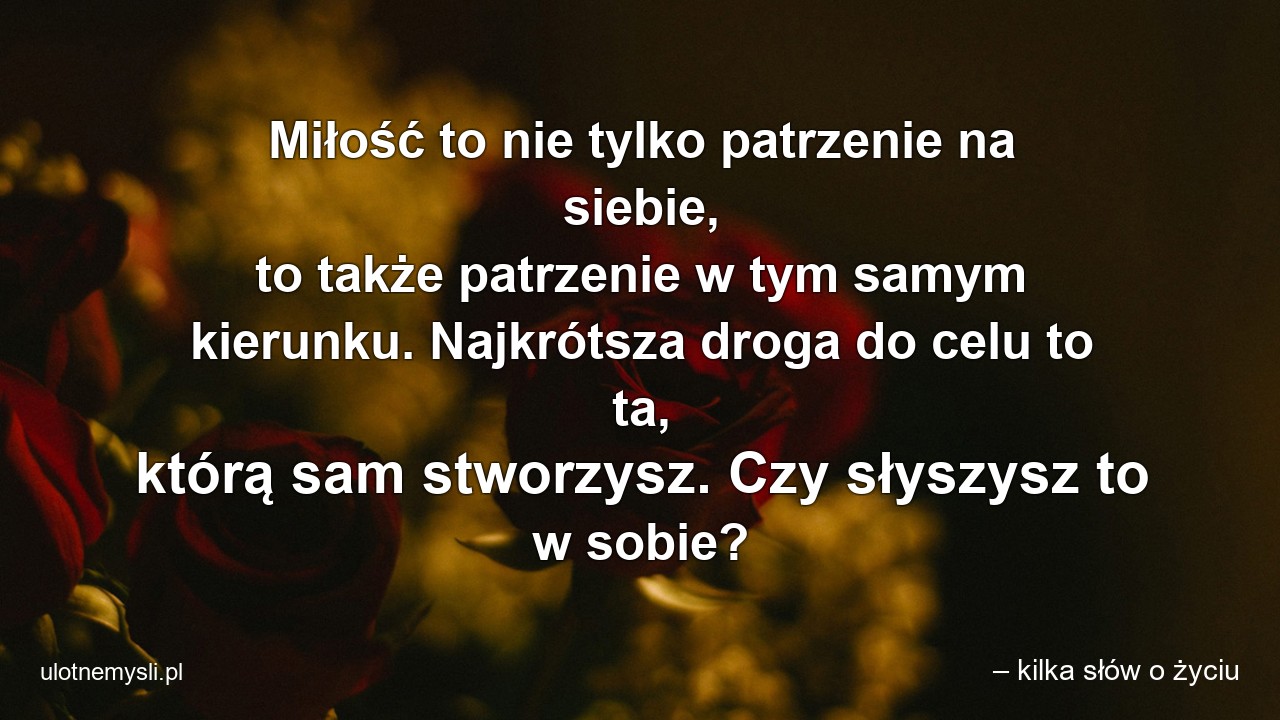 Miłość to nie tylko patrzenie na siebie,  to także patrzenie w tym samym kierunku. Najkrótsza droga do celu to ta,  którą sam stworzysz. Czy słyszysz to w sobie? - – kilka słów o życiu