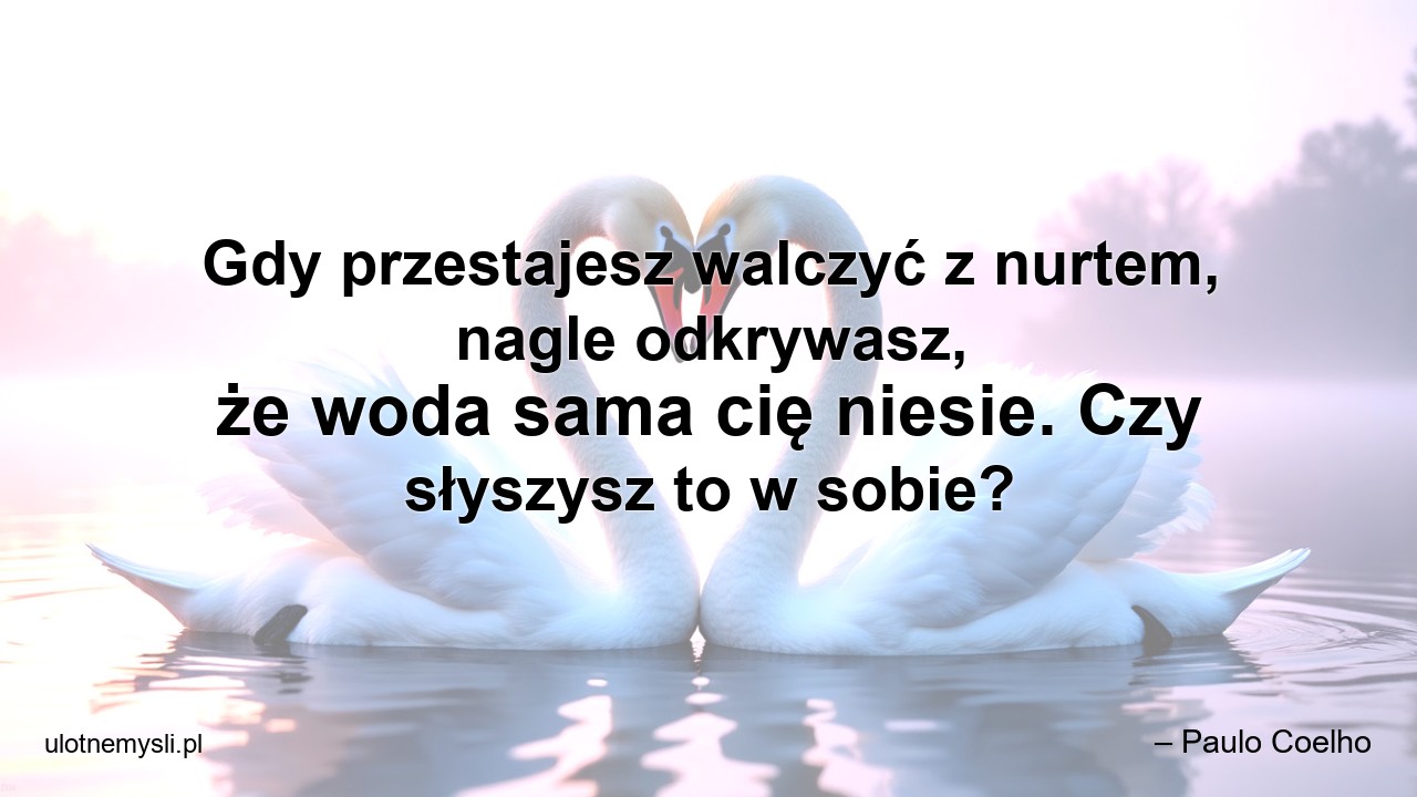 Gdy przestajesz walczyć z nurtem,  nagle odkrywasz,  że woda sama cię niesie. Czy słyszysz to w sobie? - – Paulo Coelho