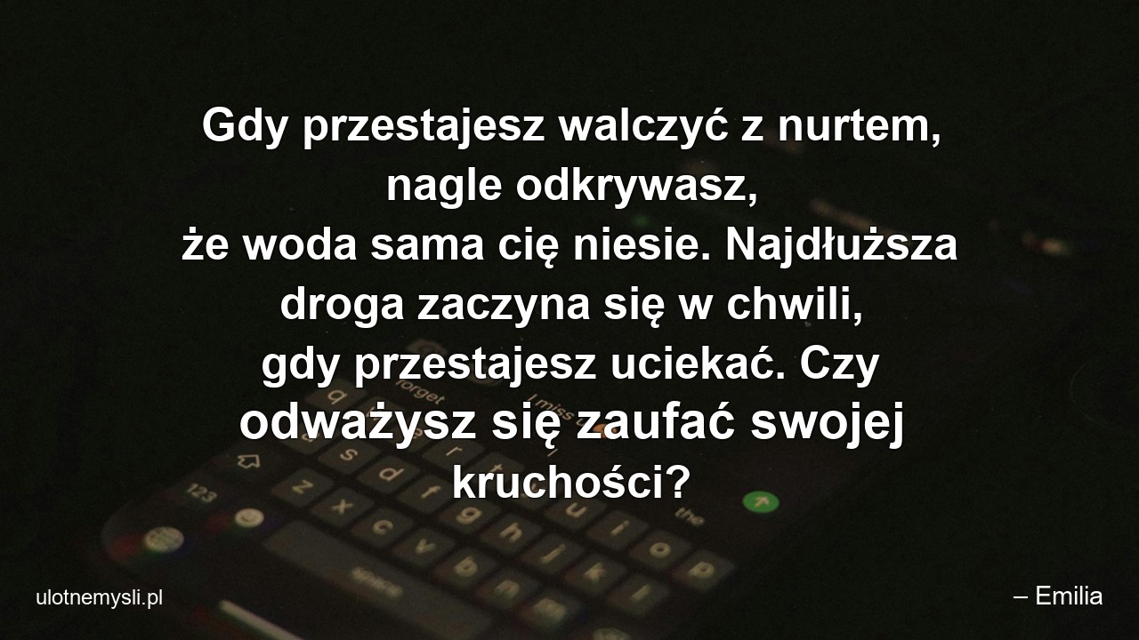 Gdy przestajesz walczyć z nurtem,  nagle odkrywasz,  że woda sama cię niesie. Najdłuższa droga zaczyna się w chwili,  gdy przestajesz uciekać. Czy odważysz się zaufać swojej kruchości? - – Emilia
