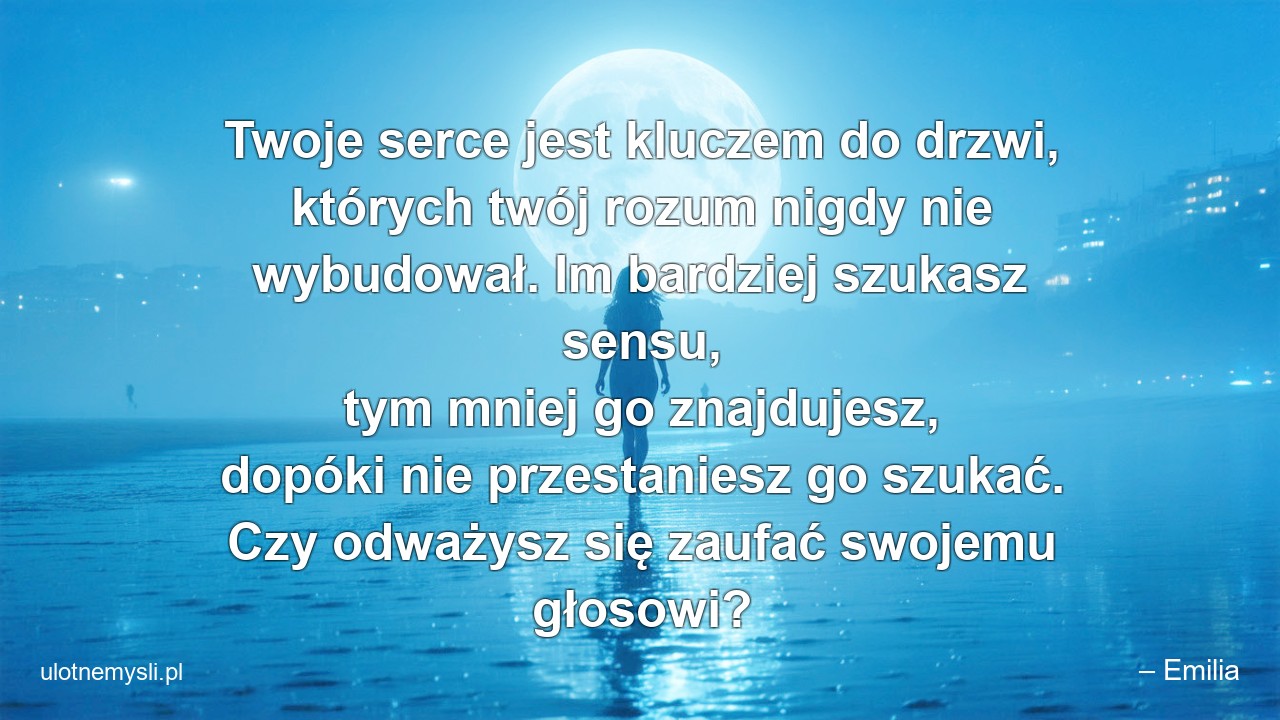 Twoje serce jest kluczem do drzwi,  których twój rozum nigdy nie wybudował. Im bardziej szukasz sensu,  tym mniej go znajdujesz,  dopóki nie przestaniesz go szukać. Czy odważysz się zaufać swojemu głosowi? - – Emilia