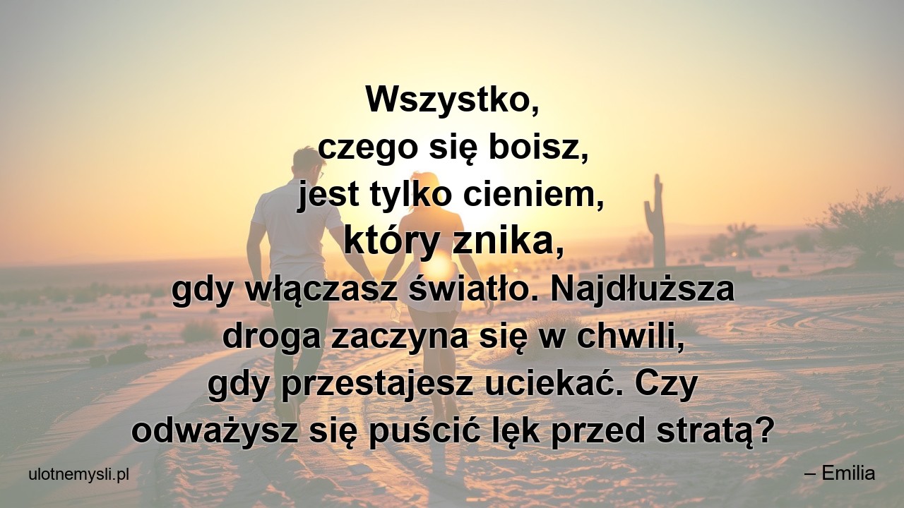 Wszystko,  czego się boisz,  jest tylko cieniem,  który znika,  gdy włączasz światło. Najdłuższa droga zaczyna się w chwili,  gdy przestajesz uciekać. Czy odważysz się puścić lęk przed stratą? - – Emilia