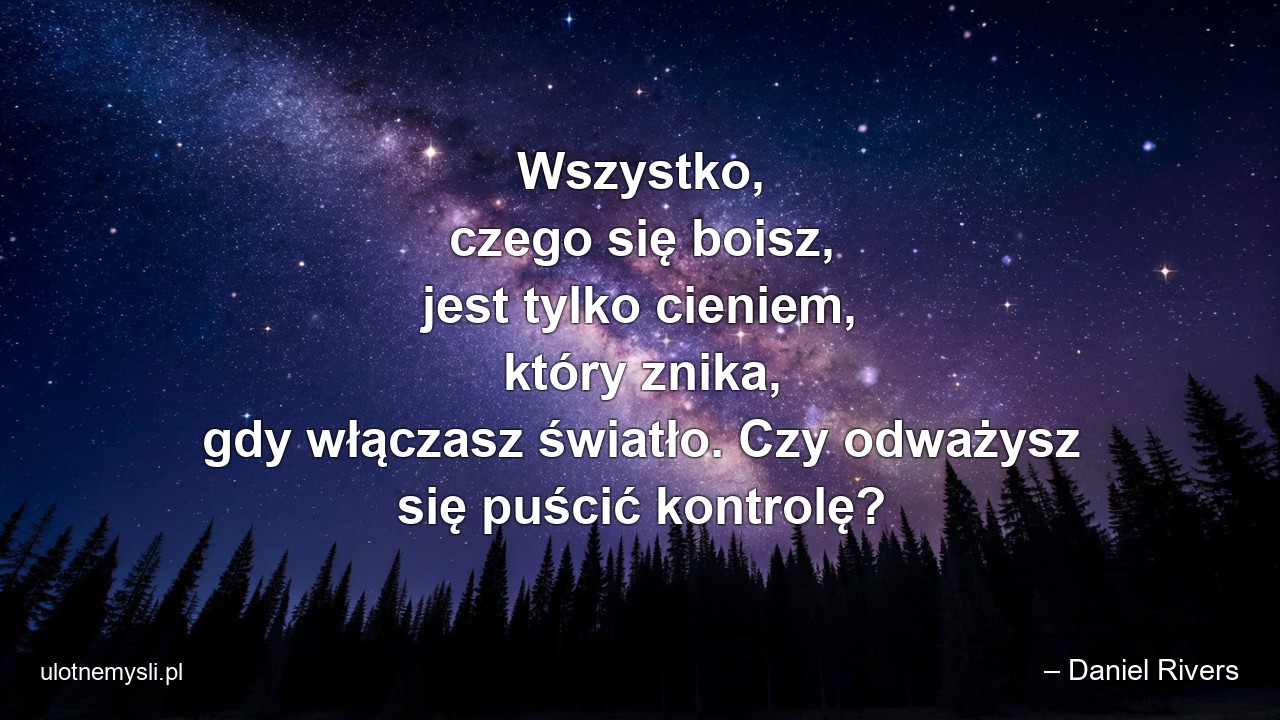 Wszystko,  czego się boisz,  jest tylko cieniem,  który znika,  gdy włączasz światło. Czy odważysz się puścić kontrolę? - – Daniel Rivers