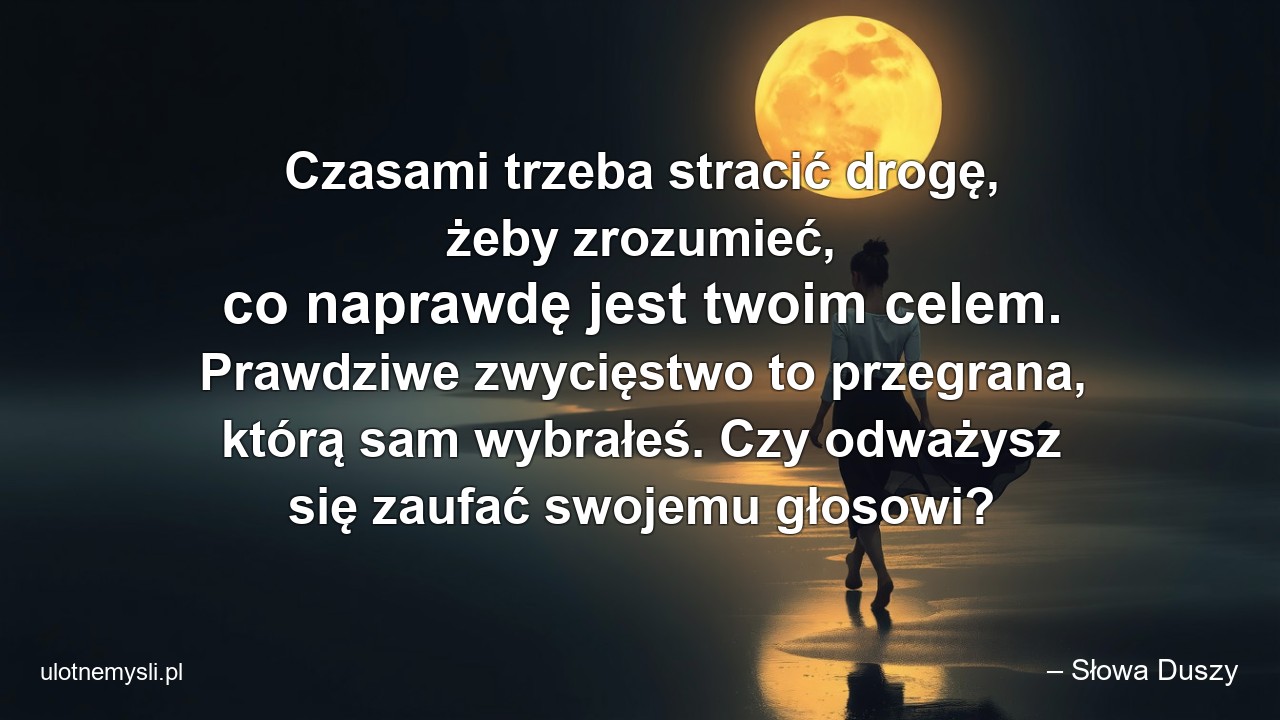 Czasami trzeba stracić drogę,  żeby zrozumieć,  co naprawdę jest twoim celem. Prawdziwe zwycięstwo to przegrana,  którą sam wybrałeś. Czy odważysz się zaufać swojemu głosowi? - – Słowa Duszy
