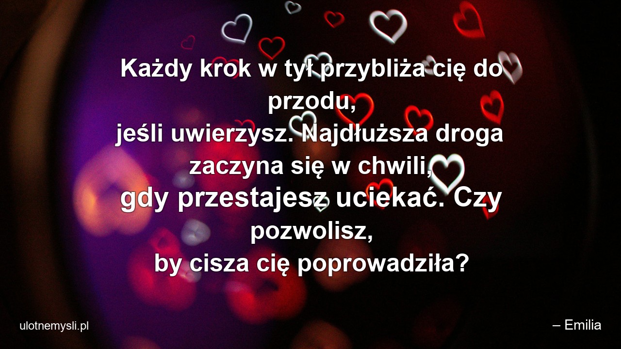 Każdy krok w tył przybliża cię do przodu,  jeśli uwierzysz. Najdłuższa droga zaczyna się w chwili,  gdy przestajesz uciekać. Czy pozwolisz,  by cisza cię poprowadziła? - – Emilia