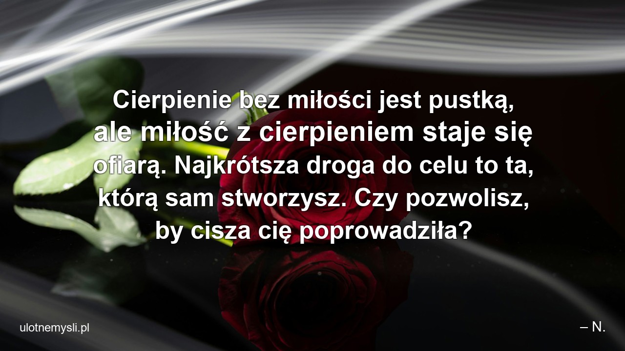 Cierpienie bez miłości jest pustką,  ale miłość z cierpieniem staje się ofiarą. Najkrótsza droga do celu to ta,  którą sam stworzysz. Czy pozwolisz,  by cisza cię poprowadziła?