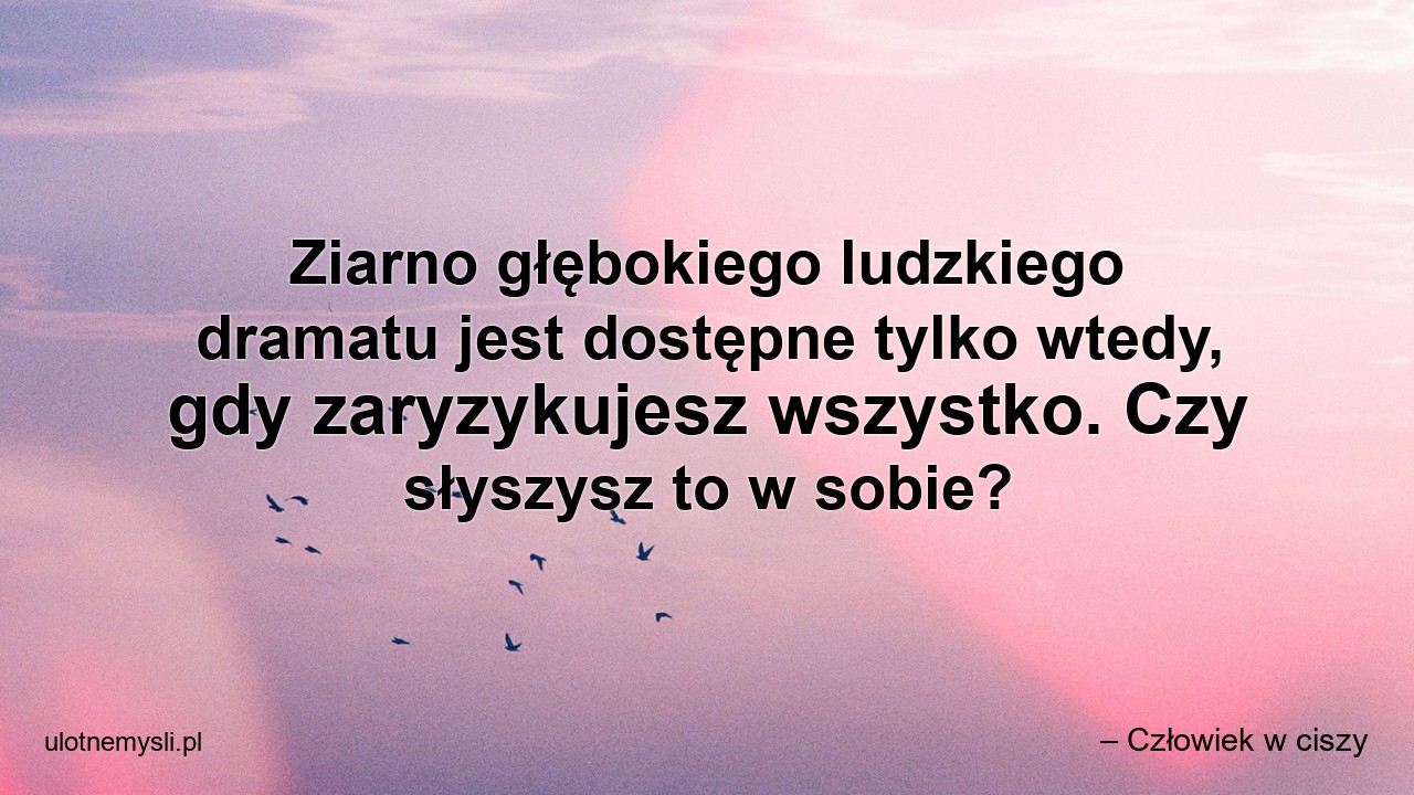 Ziarno głębokiego ludzkiego dramatu jest dostępne tylko wtedy,  gdy zaryzykujesz wszystko. Czy słyszysz to w sobie? - – Człowiek w ciszy