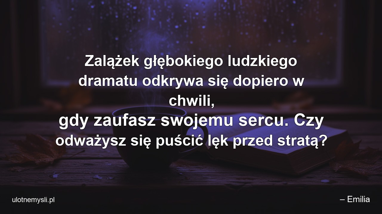 Zalążek głębokiego ludzkiego dramatu odkrywa się dopiero w chwili,  gdy zaufasz swojemu sercu. Czy odważysz się puścić lęk przed stratą?