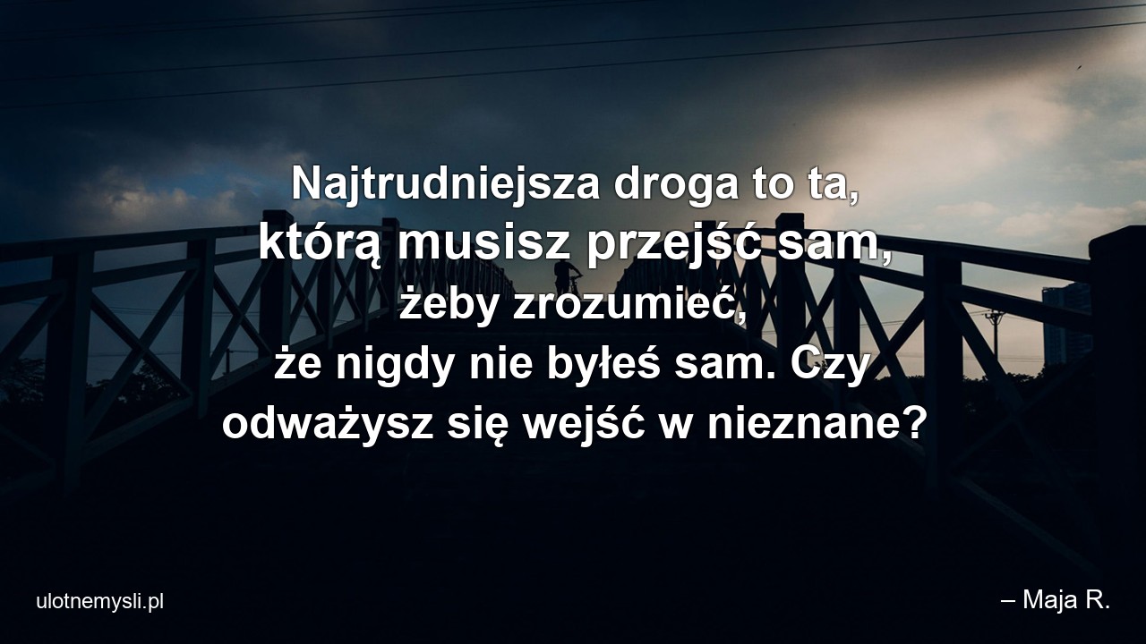 Najtrudniejsza droga to ta,  którą musisz przejść sam,  żeby zrozumieć,  że nigdy nie byłeś sam. Czy odważysz się wejść w nieznane?
