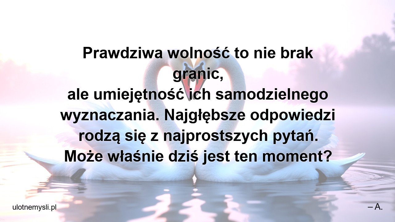 Prawdziwa wolność to nie brak granic,  ale umiejętność ich samodzielnego wyznaczania. Najgłębsze odpowiedzi rodzą się z najprostszych pytań. Może właśnie dziś jest ten moment? - – A.