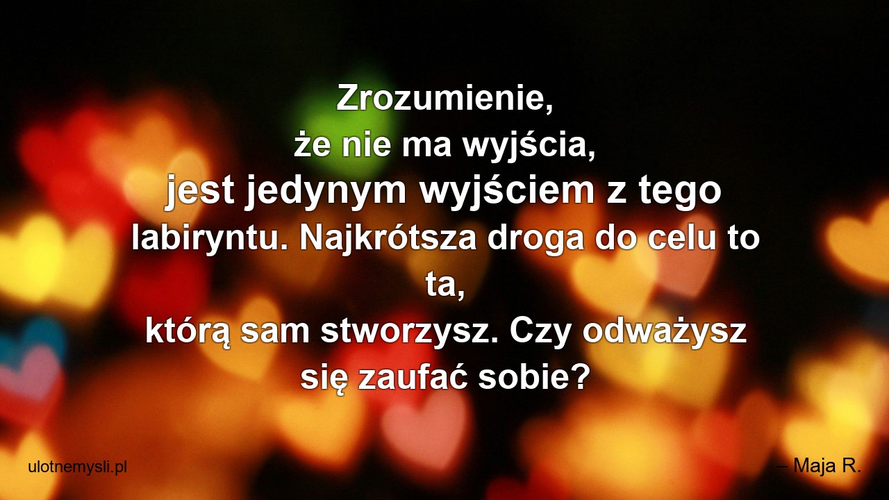 Zrozumienie,  że nie ma wyjścia,  jest jedynym wyjściem z tego labiryntu. Najkrótsza droga do celu to ta,  którą sam stworzysz. Czy odważysz się zaufać sobie? - – Maja R.
