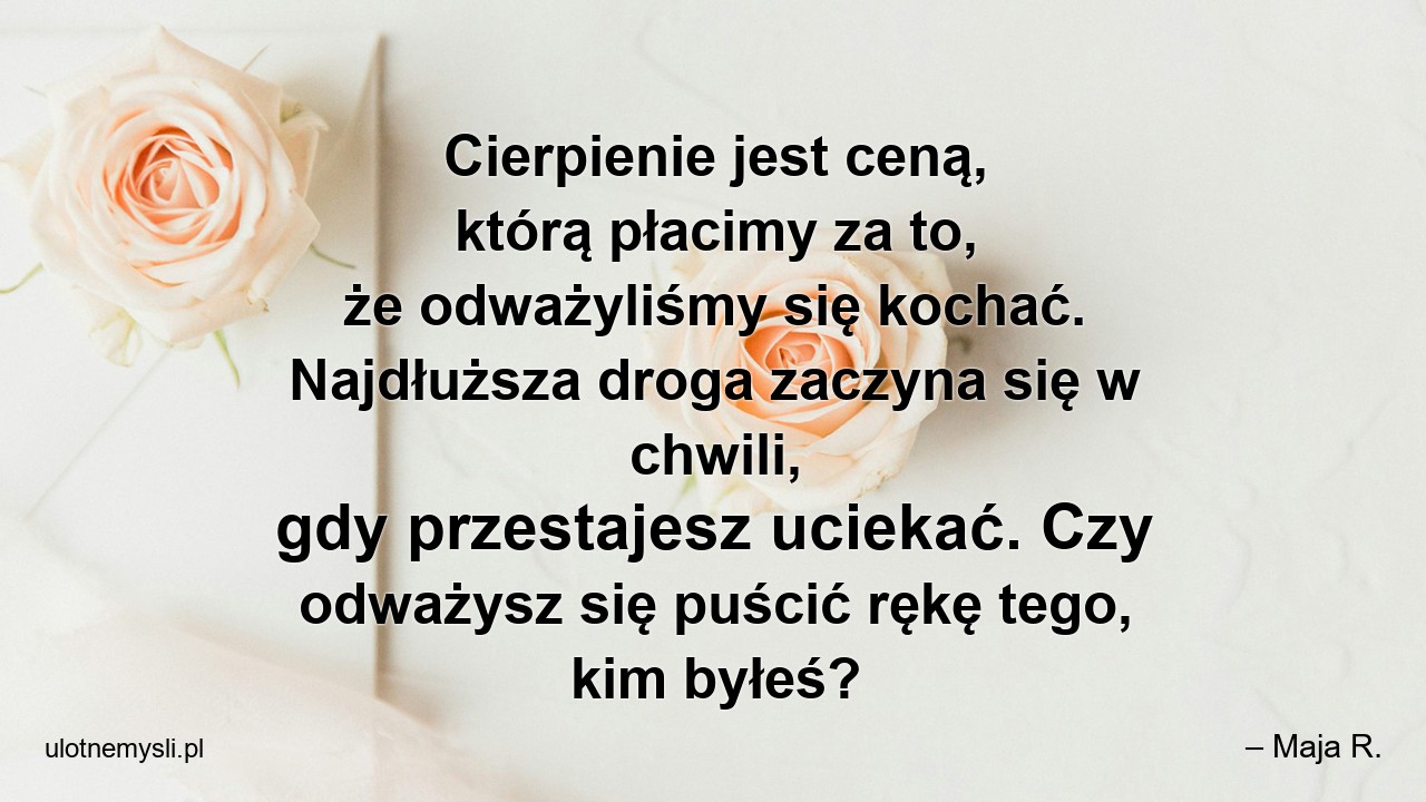 Cierpienie jest ceną,  którą płacimy za to,  że odważyliśmy się kochać. Najdłuższa droga zaczyna się w chwili,  gdy przestajesz uciekać. Czy odważysz się puścić rękę tego,  kim byłeś? - – Maja R.