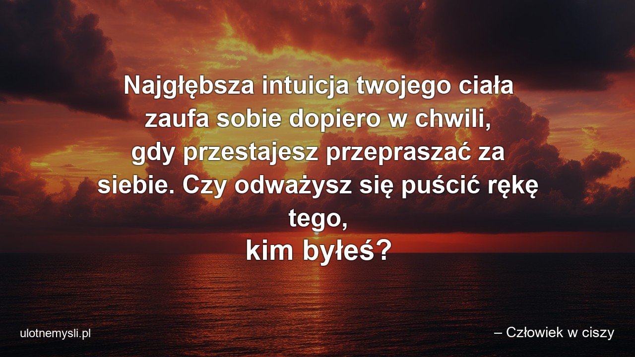 Najgłębsza intuicja twojego ciała zaufa sobie dopiero w chwili,  gdy przestajesz przepraszać za siebie. Czy odważysz się puścić rękę tego,  kim byłeś? - – Człowiek w ciszy