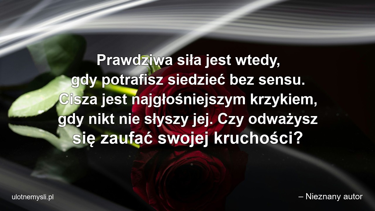 Prawdziwa siła jest wtedy,  gdy potrafisz siedzieć bez sensu. Cisza jest najgłośniejszym krzykiem,  gdy nikt nie słyszy jej. Czy odważysz się zaufać swojej kruchości? - – Nieznany autor