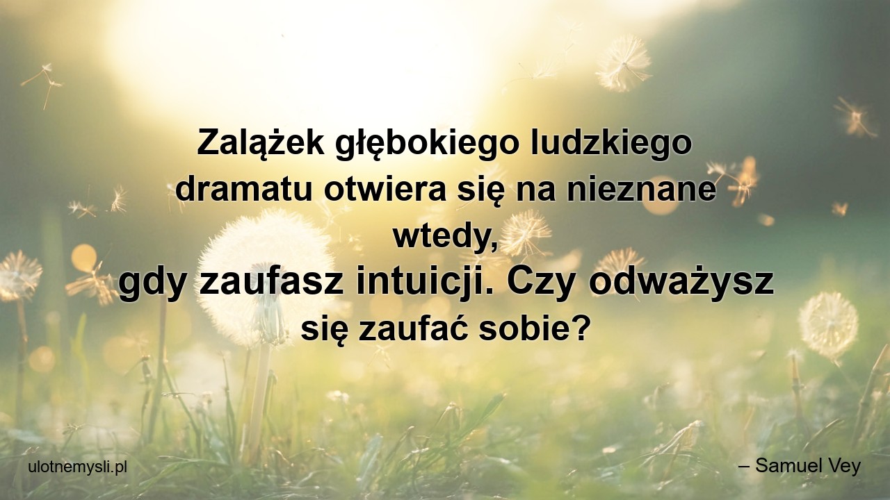 Zalążek głębokiego ludzkiego dramatu otwiera się na nieznane wtedy,  gdy zaufasz intuicji. Czy odważysz się zaufać sobie? - – Samuel Vey