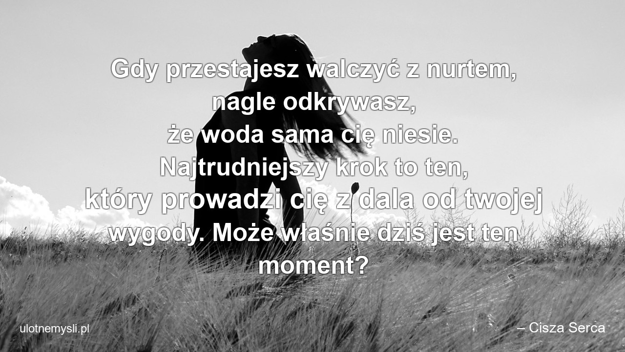 Gdy przestajesz walczyć z nurtem,  nagle odkrywasz,  że woda sama cię niesie. Najtrudniejszy krok to ten,  który prowadzi cię z dala od twojej wygody. Może właśnie dziś jest ten moment? - – Cisza Serca
