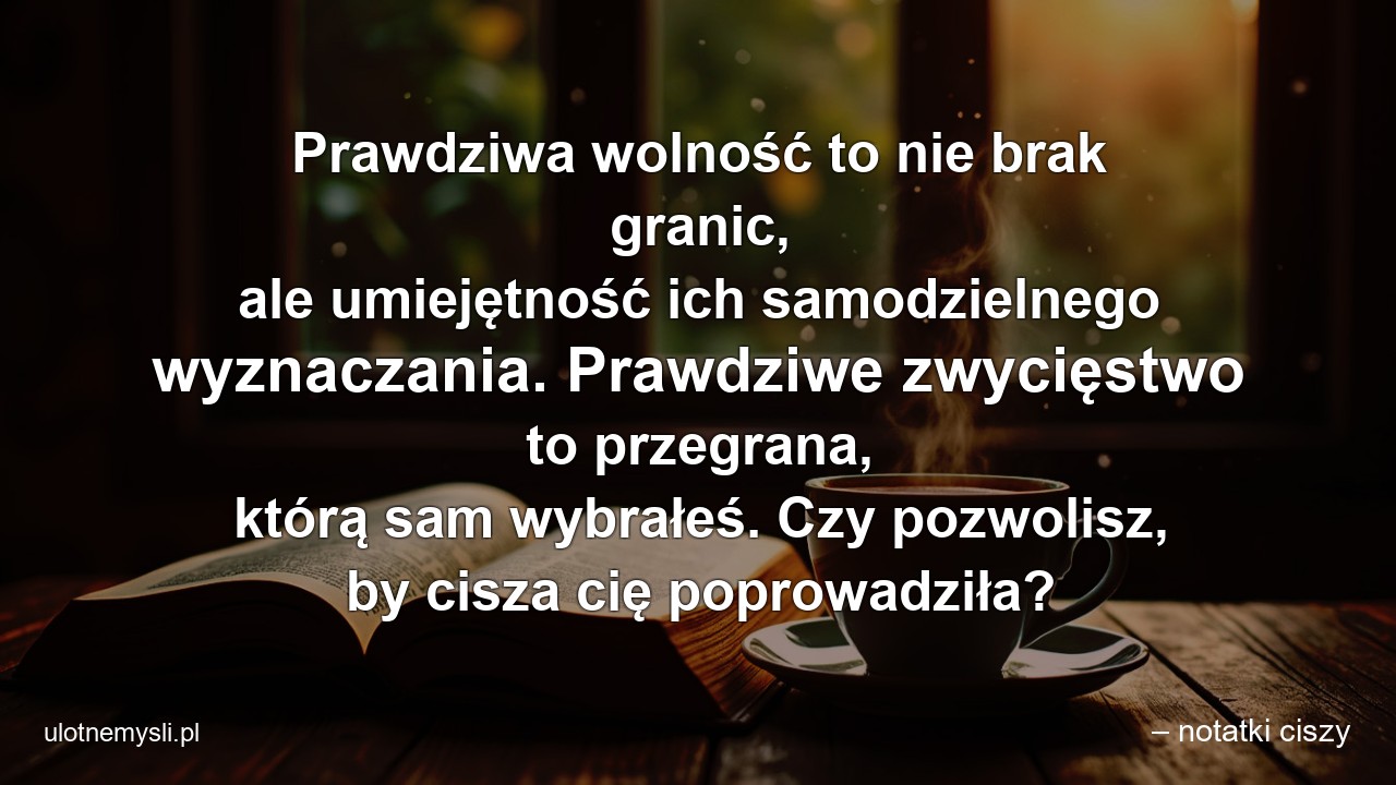 Prawdziwa wolność to nie brak granic,  ale umiejętność ich samodzielnego wyznaczania. Prawdziwe zwycięstwo to przegrana,  którą sam wybrałeś. Czy pozwolisz,  by cisza cię poprowadziła? - – notatki ciszy