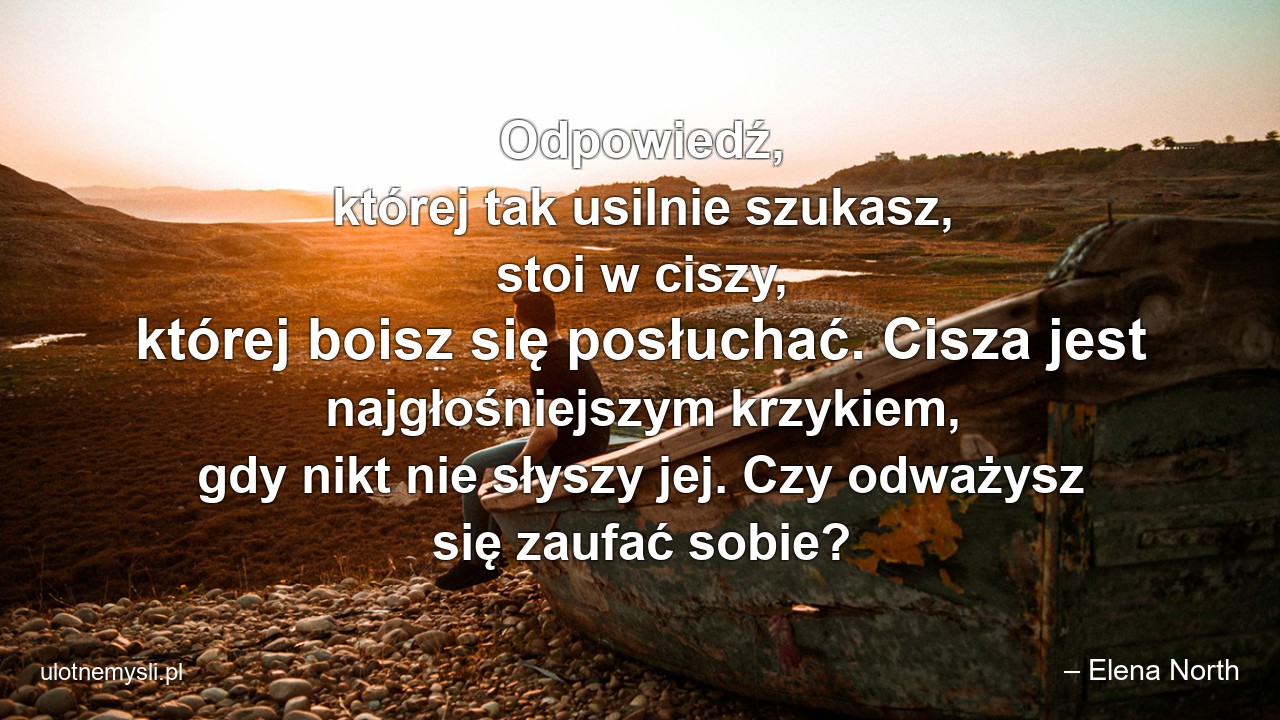 Odpowiedź,  której tak usilnie szukasz,  stoi w ciszy,  której boisz się posłuchać. Cisza jest najgłośniejszym krzykiem,  gdy nikt nie słyszy jej. Czy odważysz się zaufać sobie? - – Elena North