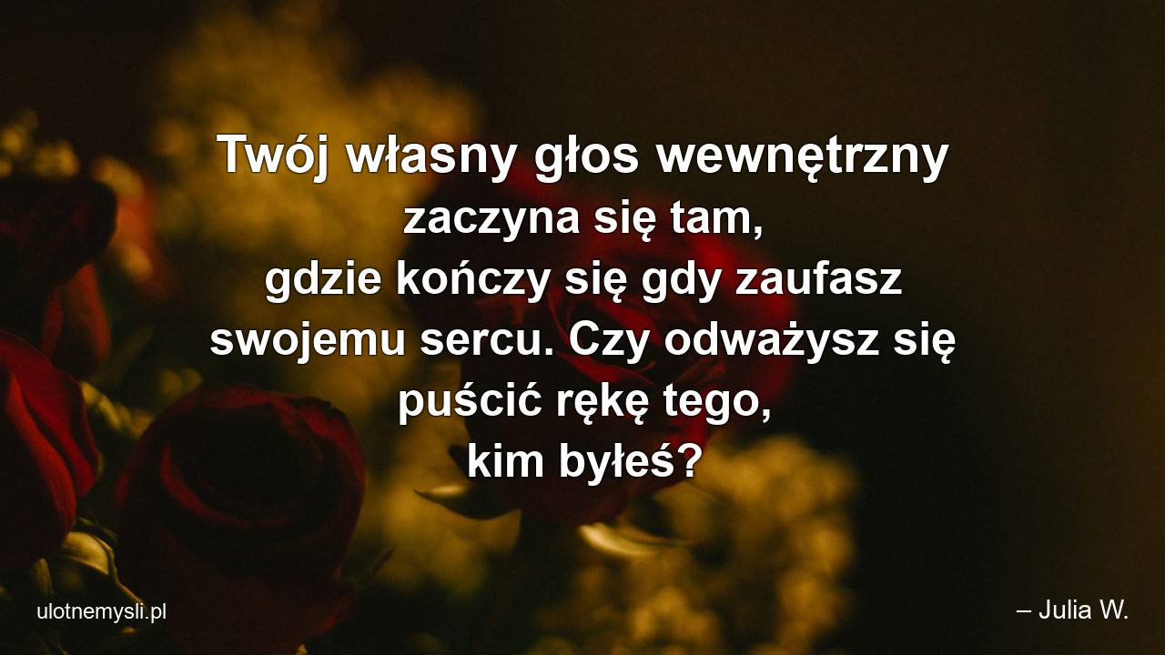 Twój własny głos wewnętrzny zaczyna się tam,  gdzie kończy się gdy zaufasz swojemu sercu. Czy odważysz się puścić rękę tego,  kim byłeś? - – Julia W.