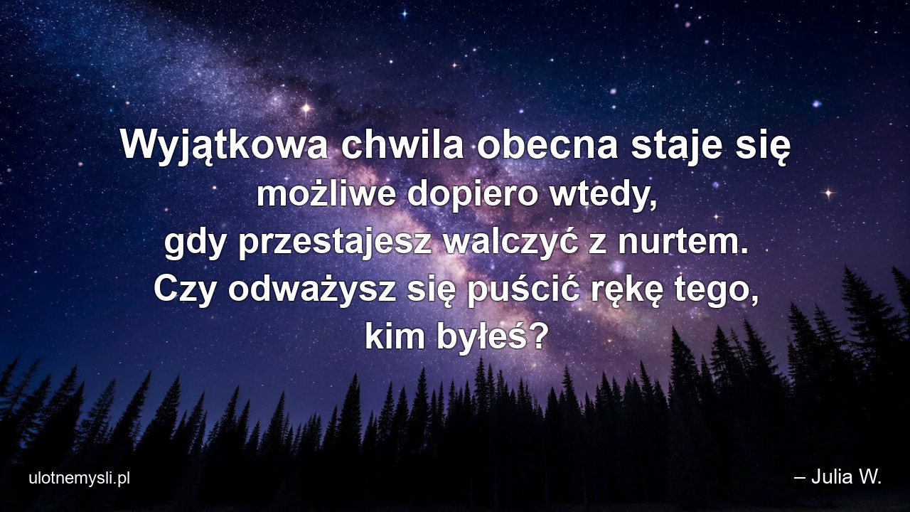 Wyjątkowa chwila obecna staje się możliwe dopiero wtedy,  gdy przestajesz walczyć z nurtem. Czy odważysz się puścić rękę tego,  kim byłeś?