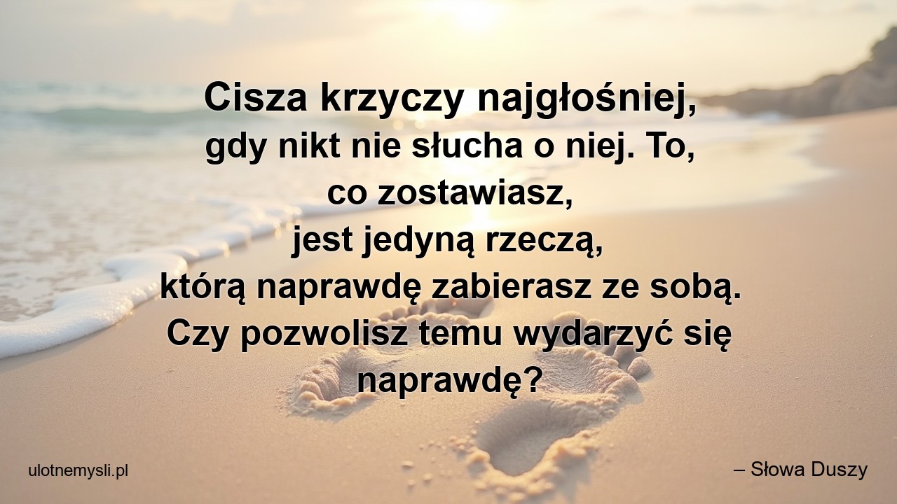 Cisza krzyczy najgłośniej,  gdy nikt nie słucha o niej. To,  co zostawiasz,  jest jedyną rzeczą,  którą naprawdę zabierasz ze sobą. Czy pozwolisz temu wydarzyć się naprawdę?