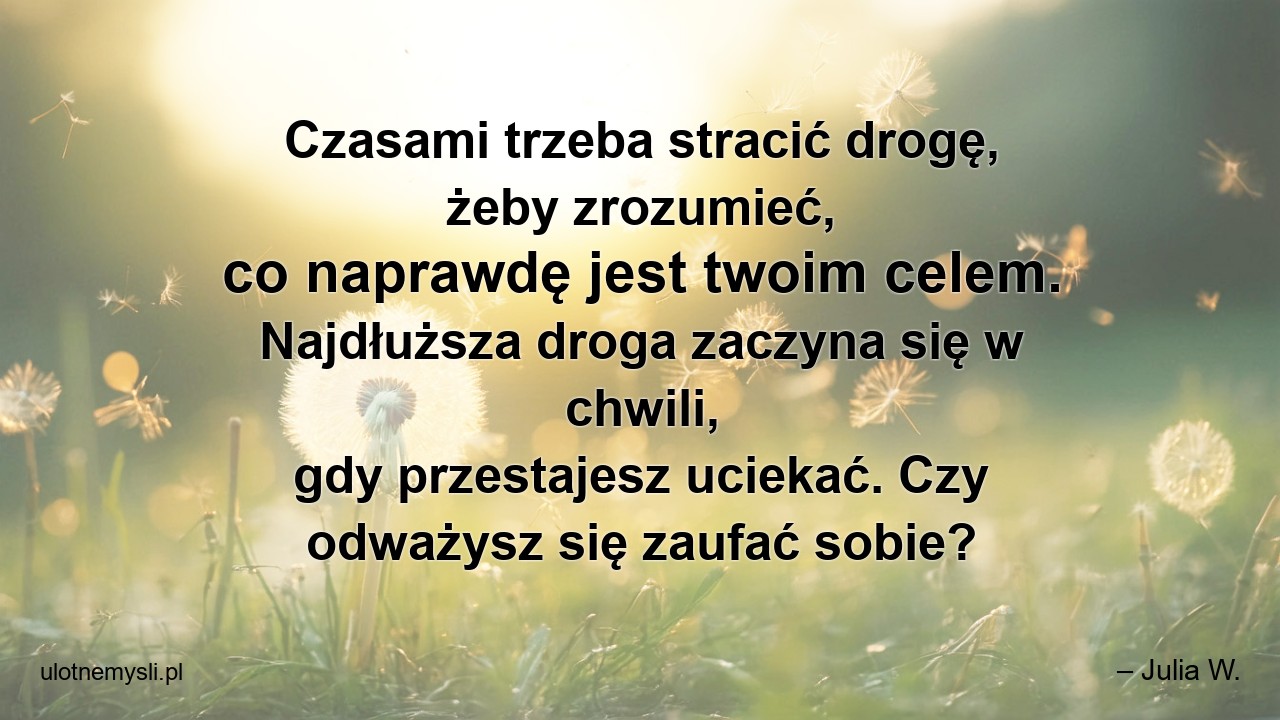 Czasami trzeba stracić drogę,  żeby zrozumieć,  co naprawdę jest twoim celem. Najdłuższa droga zaczyna się w chwili,  gdy przestajesz uciekać. Czy odważysz się zaufać sobie?