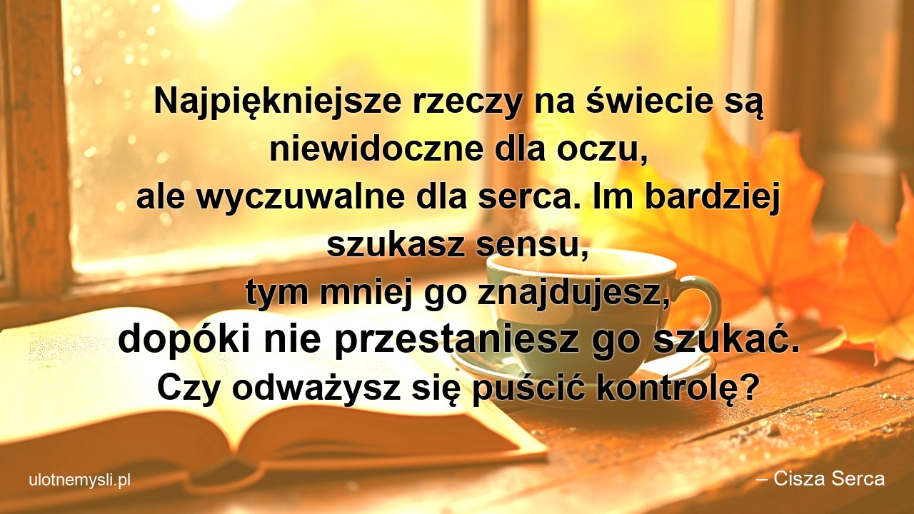 Najpiękniejsze rzeczy na świecie są niewidoczne dla oczu,  ale wyczuwalne dla serca. Im bardziej szukasz sensu,  tym mniej go znajdujesz,  dopóki nie przestaniesz go szukać. Czy odważysz się puścić kontrolę? - – Cisza Serca