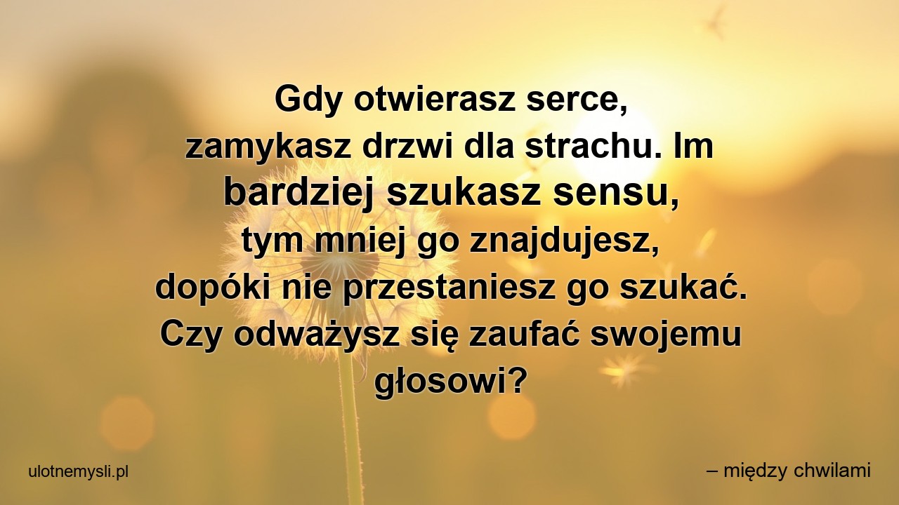 Gdy otwierasz serce,  zamykasz drzwi dla strachu. Im bardziej szukasz sensu,  tym mniej go znajdujesz,  dopóki nie przestaniesz go szukać. Czy odważysz się zaufać swojemu głosowi? - – między chwilami