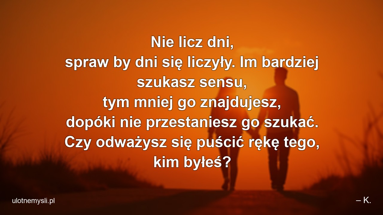 Nie licz dni,  spraw by dni się liczyły. Im bardziej szukasz sensu,  tym mniej go znajdujesz,  dopóki nie przestaniesz go szukać. Czy odważysz się puścić rękę tego,  kim byłeś? - – K.