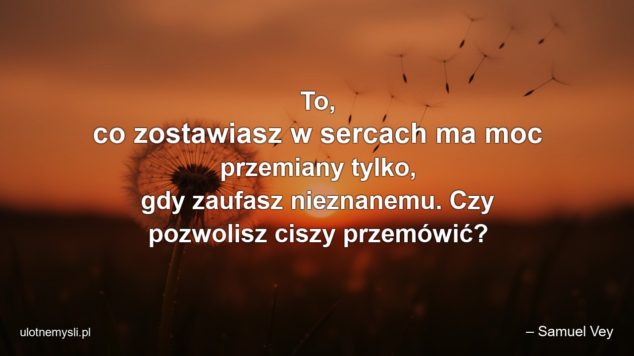 To,  co zostawiasz w sercach ma moc przemiany tylko,  gdy zaufasz nieznanemu. Czy pozwolisz ciszy przemówić? - – Samuel Vey