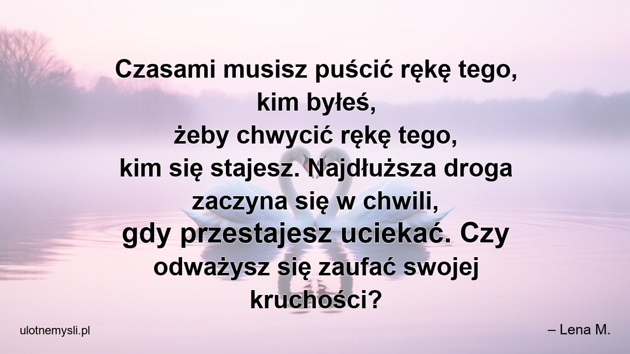 Czasami musisz puścić rękę tego,  kim byłeś,  żeby chwycić rękę tego,  kim się stajesz. Najdłuższa droga zaczyna się w chwili,  gdy przestajesz uciekać. Czy odważysz się zaufać swojej kruchości? - – Lena M.
