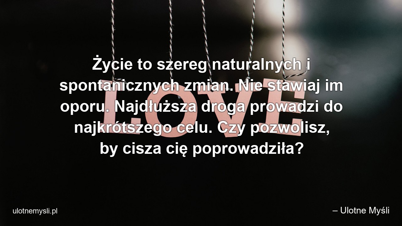 Życie to szereg naturalnych i spontanicznych zmian. Nie stawiaj im oporu. Najdłuższa droga prowadzi do najkrótszego celu. Czy pozwolisz,  by cisza cię poprowadziła? - – Ulotne Myśli