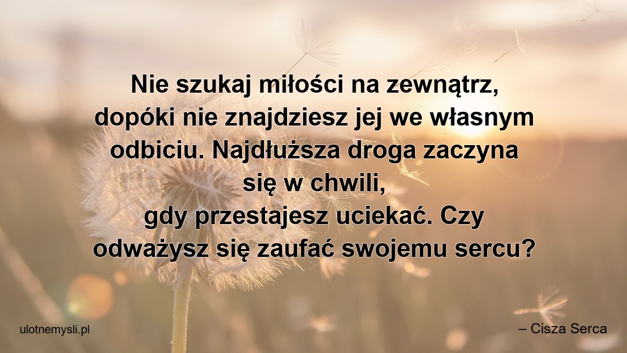 Nie szukaj miłości na zewnątrz,  dopóki nie znajdziesz jej we własnym odbiciu. Najdłuższa droga zaczyna się w chwili,  gdy przestajesz uciekać. Czy odważysz się zaufać swojemu sercu? - – Cisza Serca