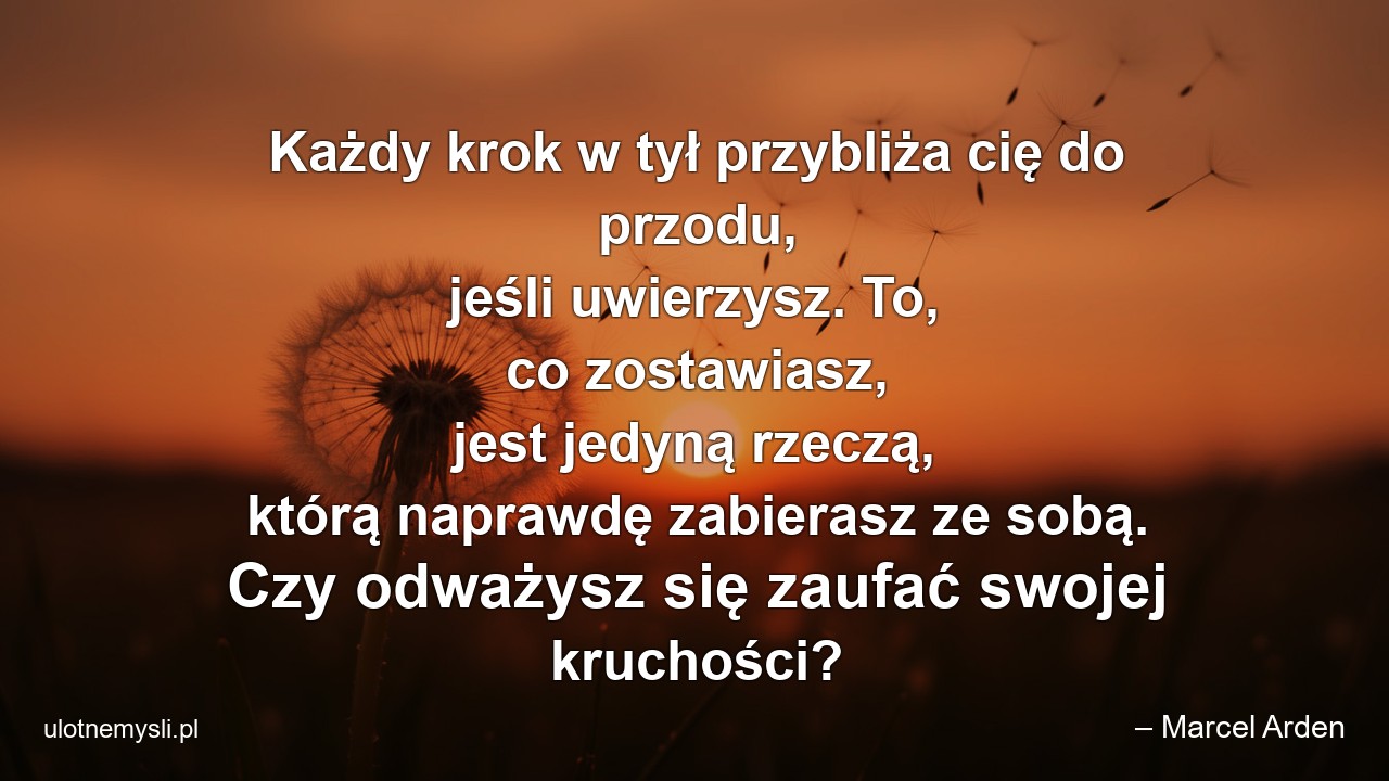 Każdy krok w tył przybliża cię do przodu,  jeśli uwierzysz. To,  co zostawiasz,  jest jedyną rzeczą,  którą naprawdę zabierasz ze sobą. Czy odważysz się zaufać swojej kruchości? - – Marcel Arden