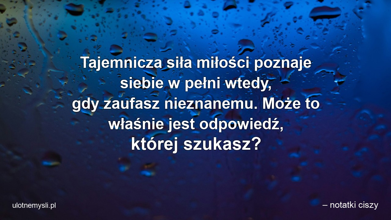 Tajemnicza siła miłości poznaje siebie w pełni wtedy,  gdy zaufasz nieznanemu. Może to właśnie jest odpowiedź,  której szukasz? - – notatki ciszy