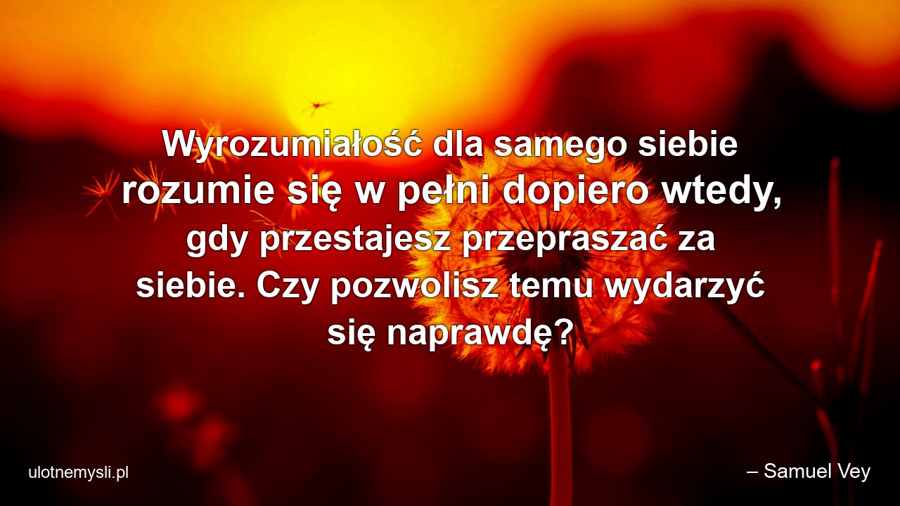 Wyrozumiałość dla samego siebie rozumie się w pełni dopiero wtedy,  gdy przestajesz przepraszać za siebie. Czy pozwolisz temu wydarzyć się naprawdę? - – Samuel Vey