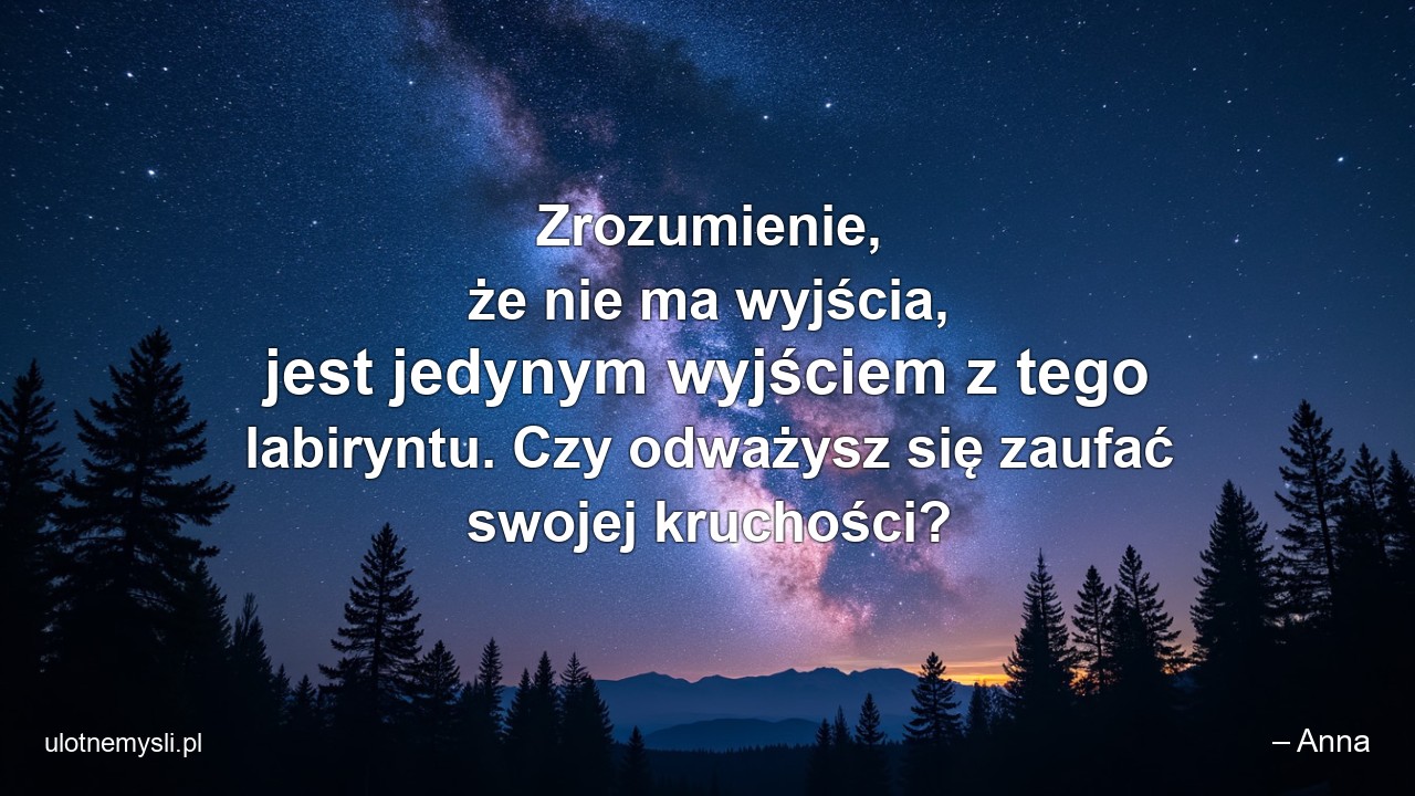 Zrozumienie,  że nie ma wyjścia,  jest jedynym wyjściem z tego labiryntu. Czy odważysz się zaufać swojej kruchości? - – Anna