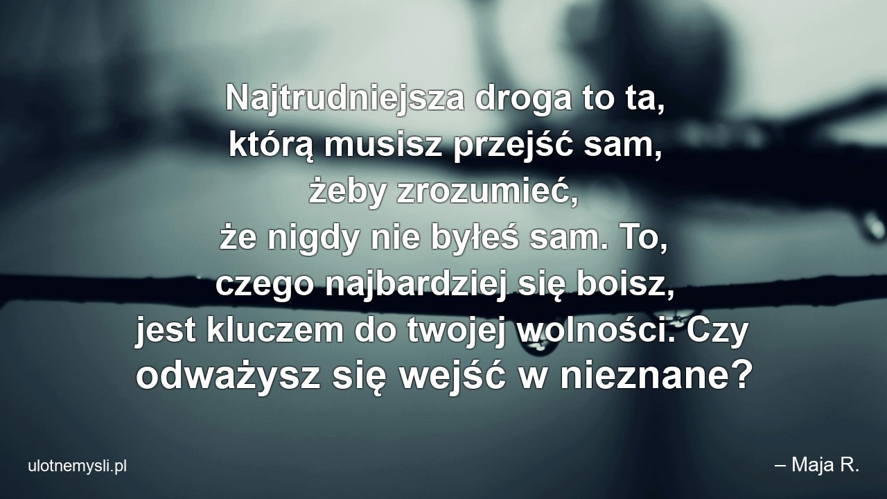 Najtrudniejsza droga to ta,  którą musisz przejść sam,  żeby zrozumieć,  że nigdy nie byłeś sam. To,  czego najbardziej się boisz,  jest kluczem do twojej wolności. Czy odważysz się wejść w nieznane? - – Maja R.